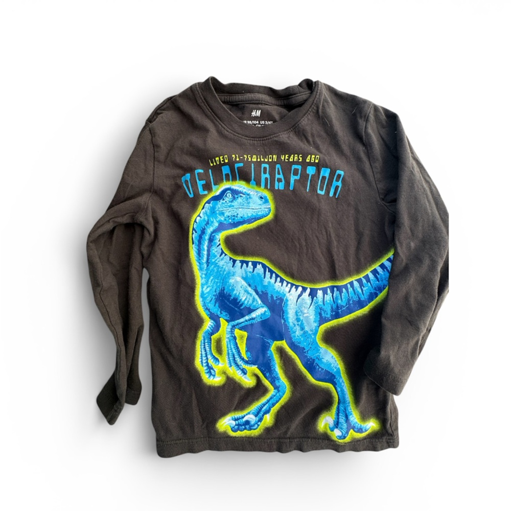 H&M Black Tee with Blue Velociraptor Design